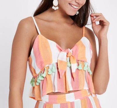 River Island Womens Stripe Tie Front Pom Pom Crop Top