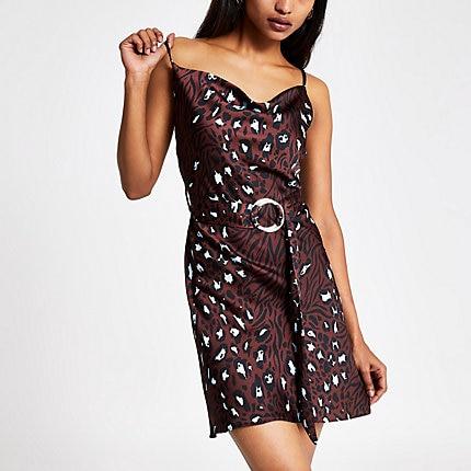 River Island Womens Petite Printed Cowl Neck Belted Slip Dress