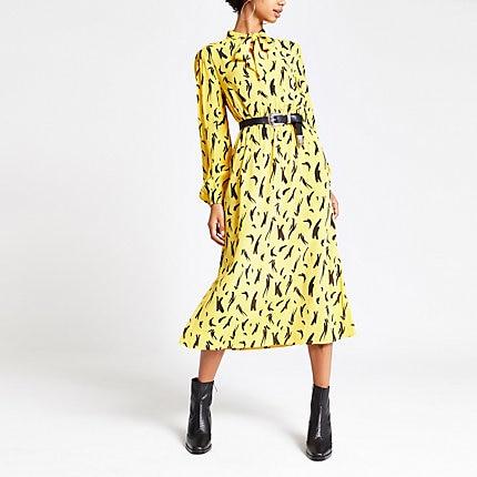 River Island Womens Print Tie Neck Waisted Midi Dress