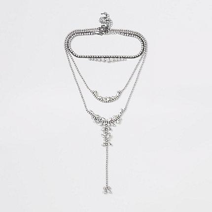 River Island Womens Silver Diamante Cluster Layered Necklace