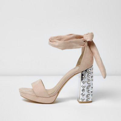 River Island Womens Nude Embellished Tie Up Platform Heels