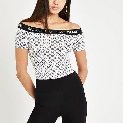 River Island Womens White Ri Monogram Print Bardot Top