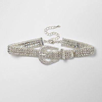 River Island Womens Silver Tone Sparkly Buckle Choker