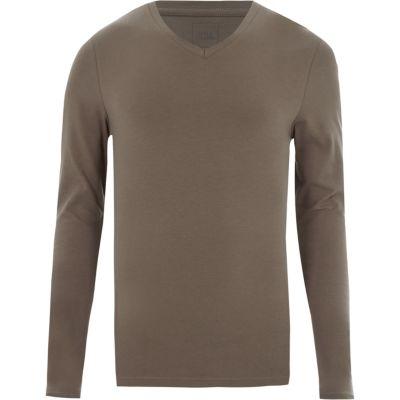 River Island Mens Taupe V Neck Muscle Fit T-shirt