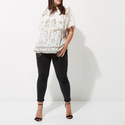River Island Womens Plus White Floral Embellished Cape Top