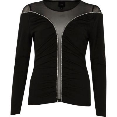 River Island Womens Mesh Insert Diamante Trim Top