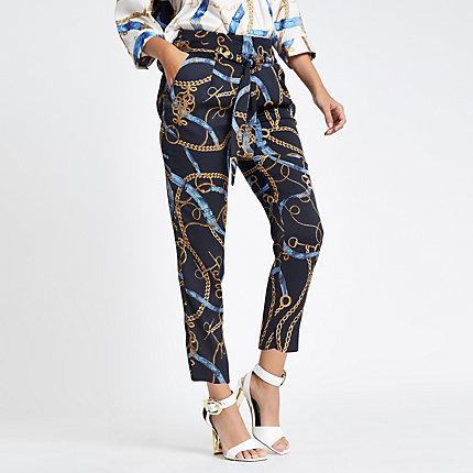 River Island Womens Chain Print Tie Waist Tapered Trousers