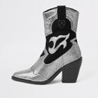 River Island Womens Silver Leather Cutout Cowboy Ankle Boots