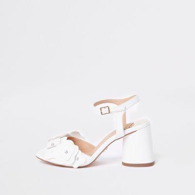 River Island Womens White Rhinestone Flower Block Heel Sandals