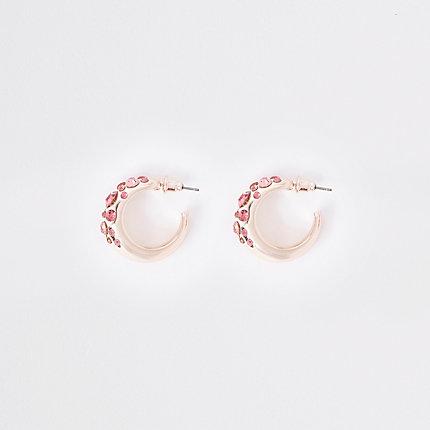 River Island Womens Rose Gold Tone Rhinestone Mini Hoop Earrings