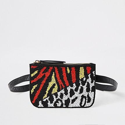 River Island Womens Leather Animal Print Beaded Bumbag