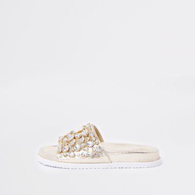 River Island Womens Gold Metallic Jewel Embellished Sliders