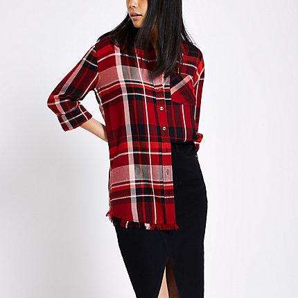 River Island Womens Check Oversized Ripped Hem Shirt Shirt