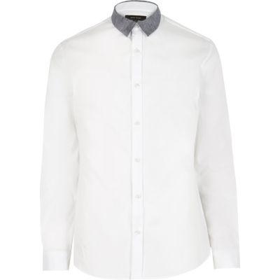 River Island Mens White Color Block Collar Slim Shirt