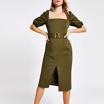 River Island Womens Belted Bardot Puff Sleeve Dress
