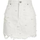 River Island Womens White Faux Pearl Embellished Denim Mini Skirt
