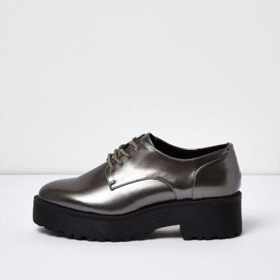 River Island Womens Silver Chunky Lace-up Platform Shoes