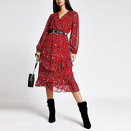 River Island Womens Leopard Print Frill Wrap Dress