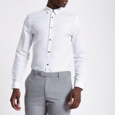 River Island Mens White Jacquard Check Slim Long Sleeve Shirt