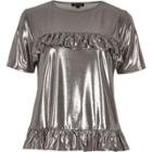 River Island Womens Silver Metallic Frill Front T-shirt