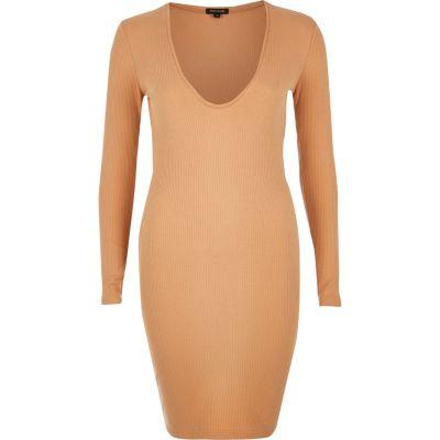 River Island Womens Nude Ribbed Plunge Dress