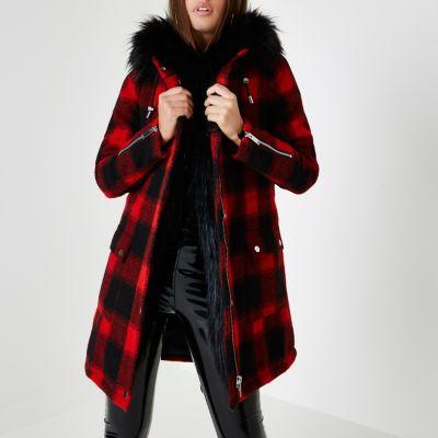 River Island Womens Lumberjack Check Faux Fur Trim Parka
