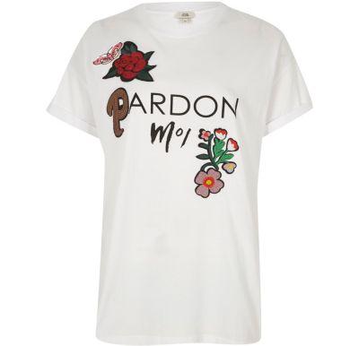 River Island Womens White 'pardon Moi' Floral Appliqu T-shirt