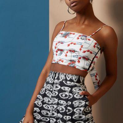 River Island Womens White Design Forum Hand Print Crop Cami Top