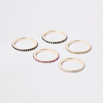 River Island Womens Gold Tone Rhinestone Embellished Ring Pack