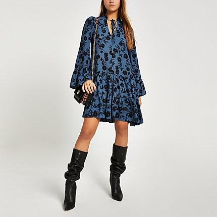 River Island Womens Floral Long Sleeve Mini Smock Dress