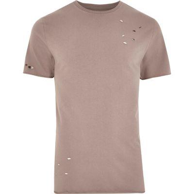 River Island Menspink Ripped Crew Neck Slim Fit T-shirt