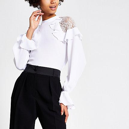 River Island Womens White Long Sleeve Lace Frill Top