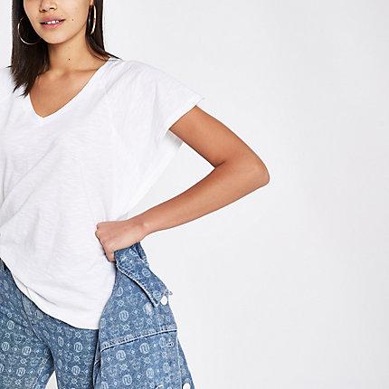River Island Womens White V Neck Slouchy Batwing Sleeve T-shirt