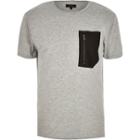 River Island Mensgrey Leather-look Zip Pocket T-shirt