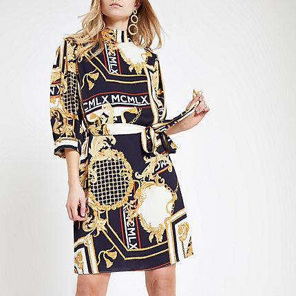 River Island Womens Baroque High Neck Tie Waist Dress
