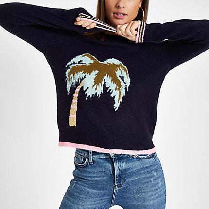 River Island Womens Palm Tree Crew Neck Knit Jumper