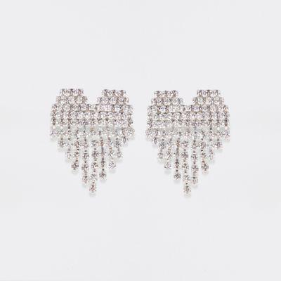 River Island Womens Silver Tone Diamante Cup Chain Heart Earrings