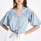 River Island Womens Denim Floral Embroidered Tie Front Shirt