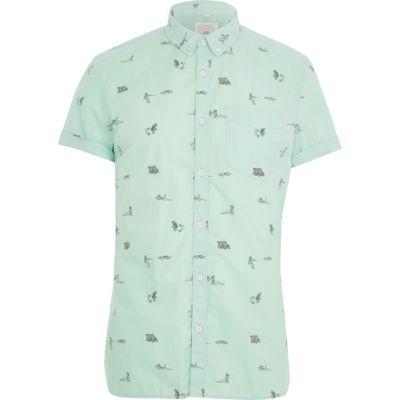 River Island Mens Beach Print Slim Fit Short Sleeve Shirt