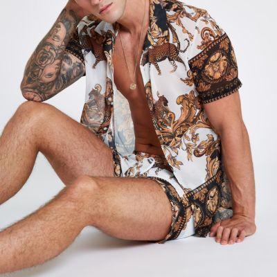 River Island Mens Jaded White Baroque Short Sleeve Shirt