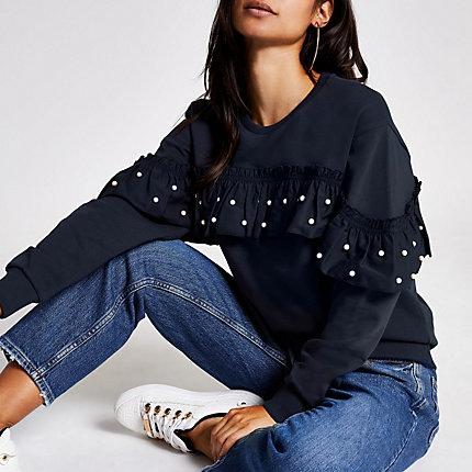 River Island Womens Petite Embellished Ruffle Sweatshirt