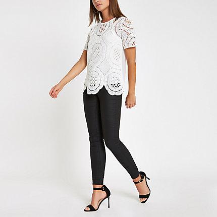River Island Womens White Loose Fit Lace T-shirt