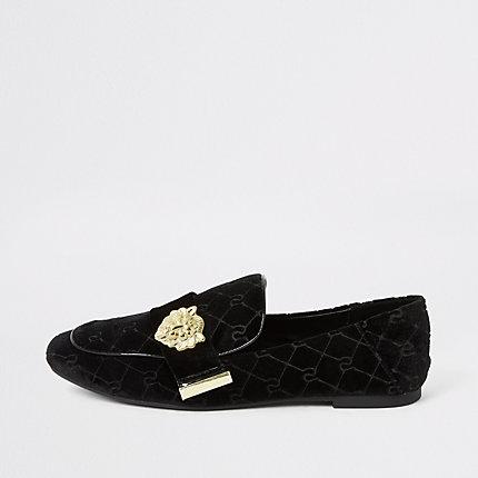 River Island Womens Velvet Ri Embossed Lion Loafer