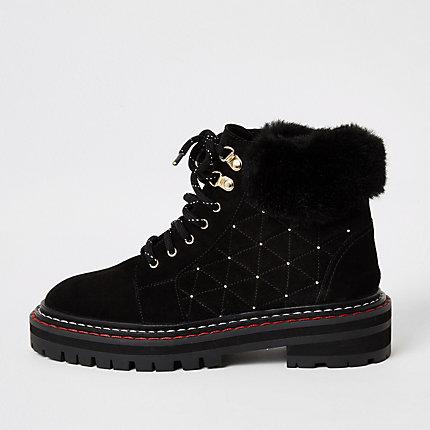 River Island Womens Suede Quilted Stud Lace-up Hiker Boots