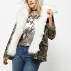 River Island Womens Petite Camo Faux Fur Trim Jacket