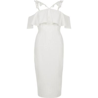 River Island Womens White Frill Cross Neck Bodycon Midi Dress