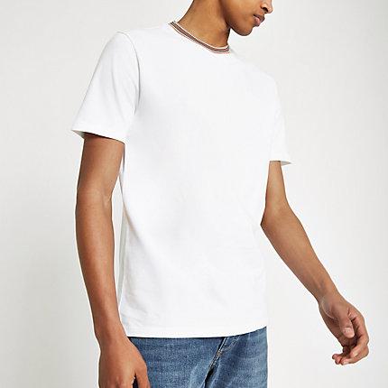 River Island Mens White Tipped Neck Slim Fit T-shirt