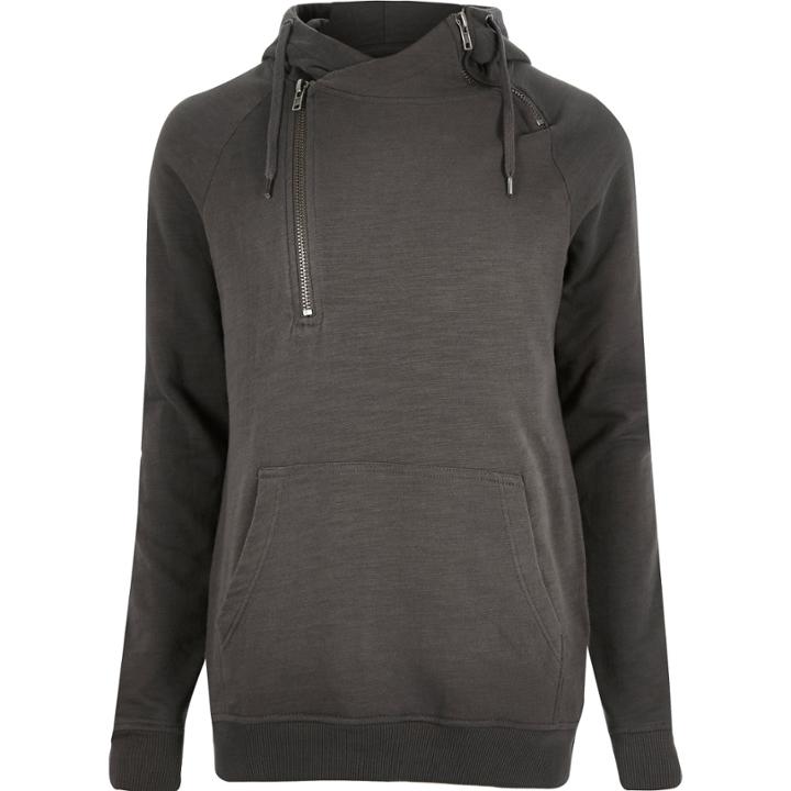 River Island Mensgrey Asymmetric Zip Neck Hoodie