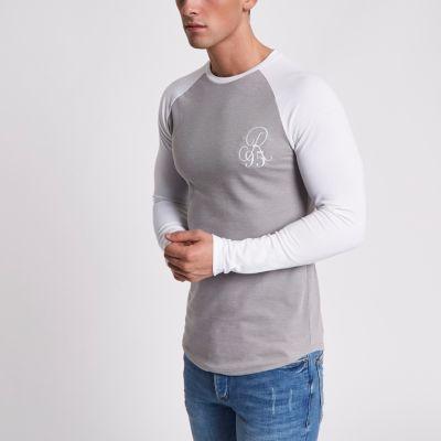 River Island Mens Taupe Raglan Embroidred Muscle T-shirt