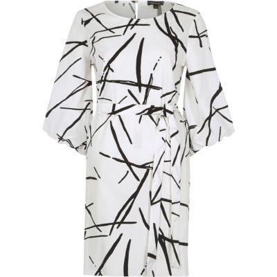River Island Womens White Abstract Print Puff Sleeve Swing Dress